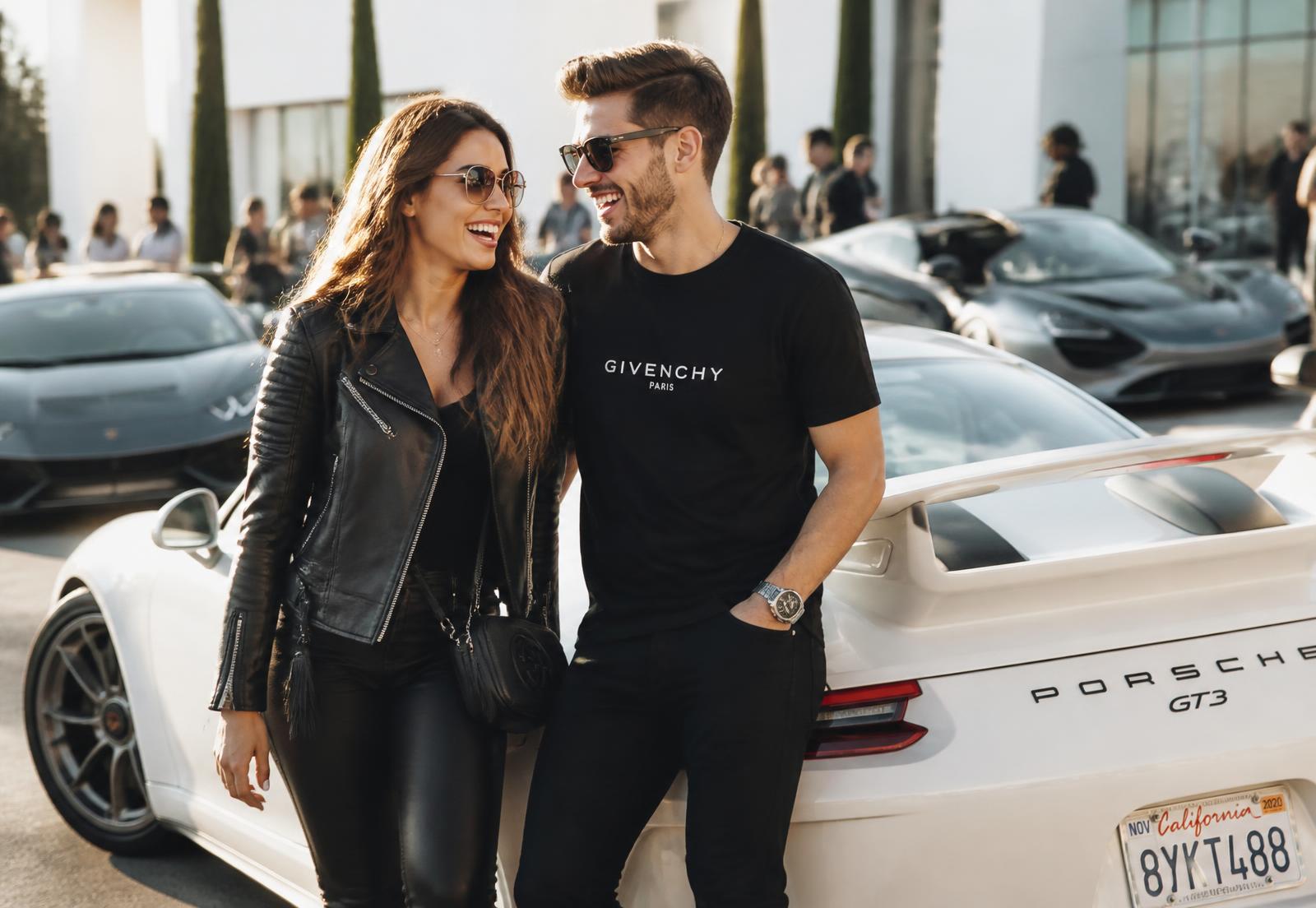 Two car enthusiasts laughing beside a white sports car at a sunny cars-and-coffee meet