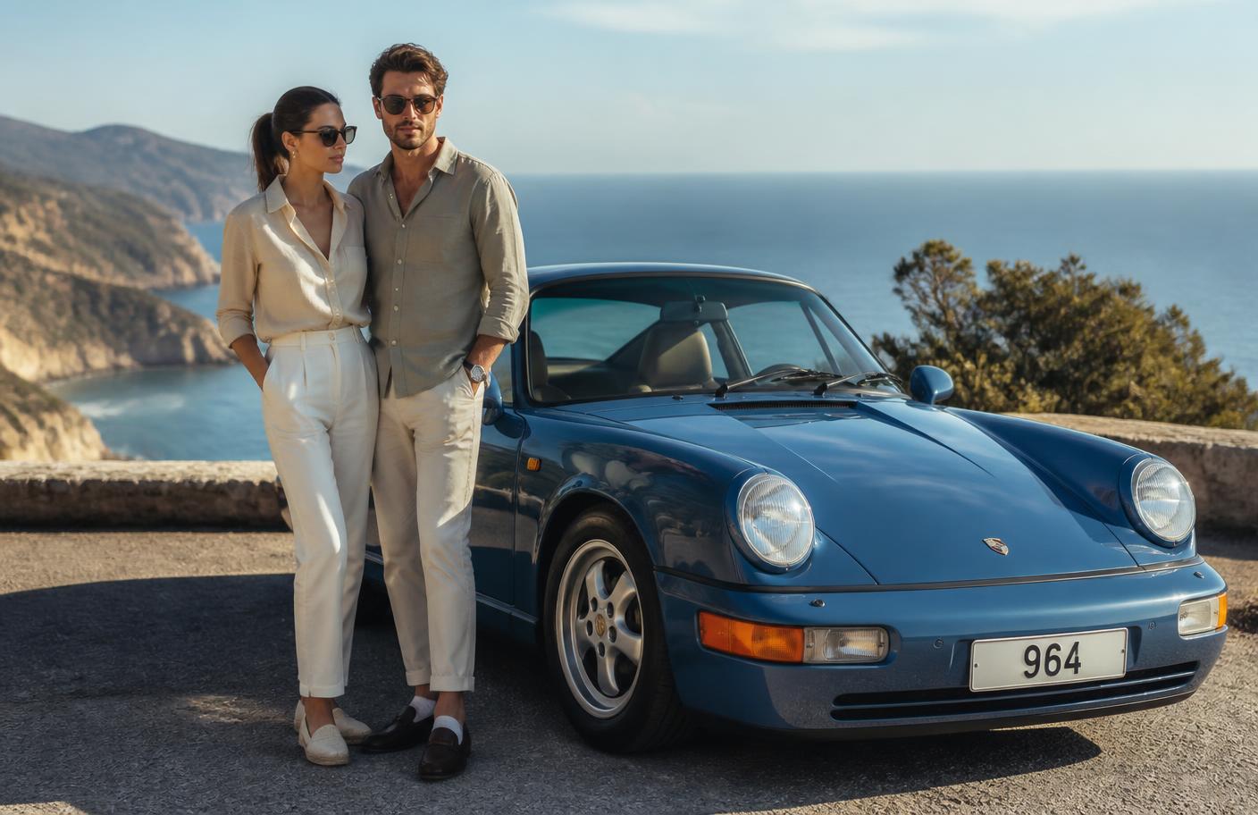 A couple beside a classic car on a sunlit coastal road
